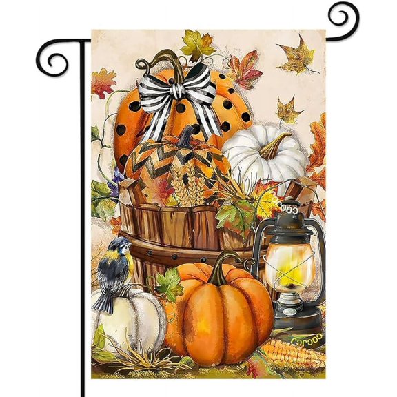 Pumpkin harvest outdoor vertical double sided garden flag, fall maple leaf flower small flag, lawn farmhouse yard decoration