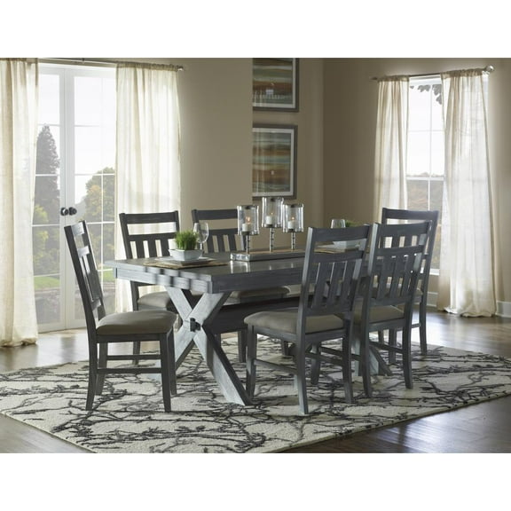 Linon Turino Seven Piece Wood Dining Set Padded Seats in Weathered Gray Stain
