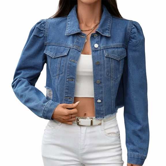 Women'S Button Down Long Sleeve Cropped Denim Jean Jacket with Pockets Blue M