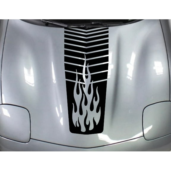 Clausen's World 16" Center Hood Stripped w/FLAMES RACING STRIPES vinyl Decal - Compatible with Chevrolet Corvette C5