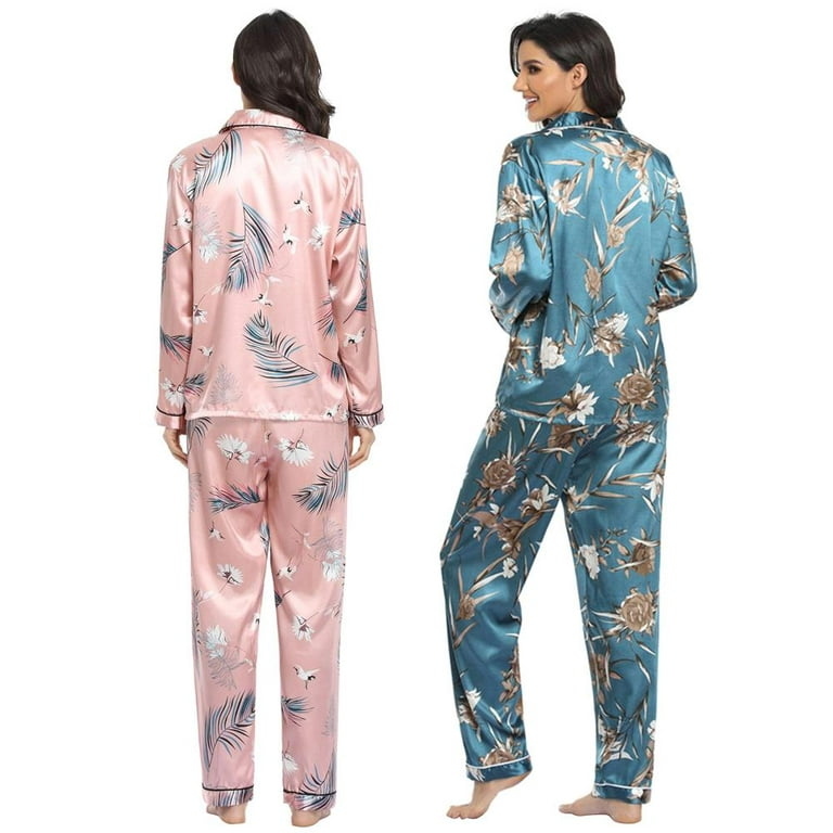 Silk Satin Pajamas Women, Long Sleeve Silk Pjs for Women Set, Two-piece  Button-Down Sleepwear, Small~X-Large 