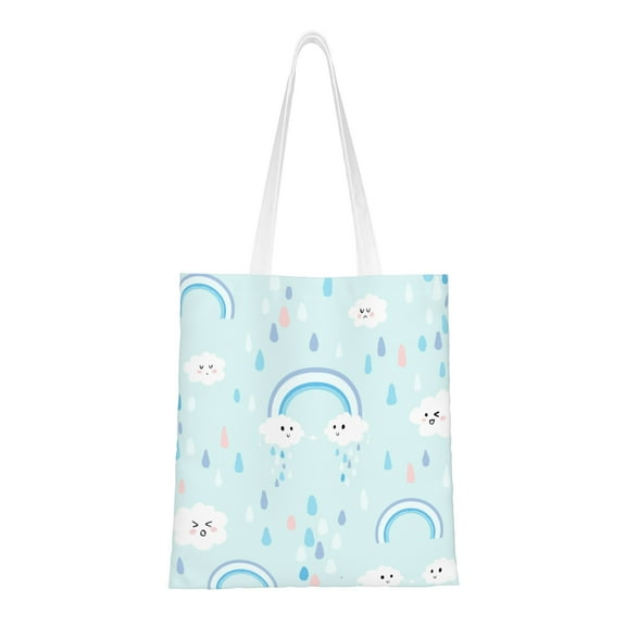 YFYANG Reusable Cotton Canvas Tote Shopping Bag, Blue Rainbow Rain Washable Portable Grocery Bag for Daily Travel