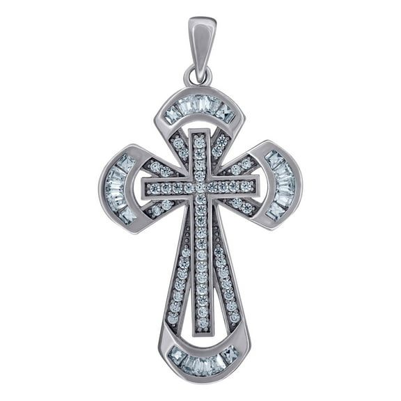 925 Sterling Silver Mens Baguette Cubic Zirconia Cross Religious Charm Pendant 35.4x19.5mm Wide Necklace for Men
