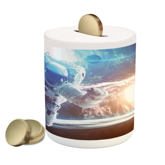 Outer Space Piggy Bank, Spaceman in the Galaxy in Front of Nebula Gas Cloud Interstellar Art Print, Ceramic Coin Bank Money Box for Cash Saving, 3.6" X 3.2", Blue Yellow, by Ambesonne