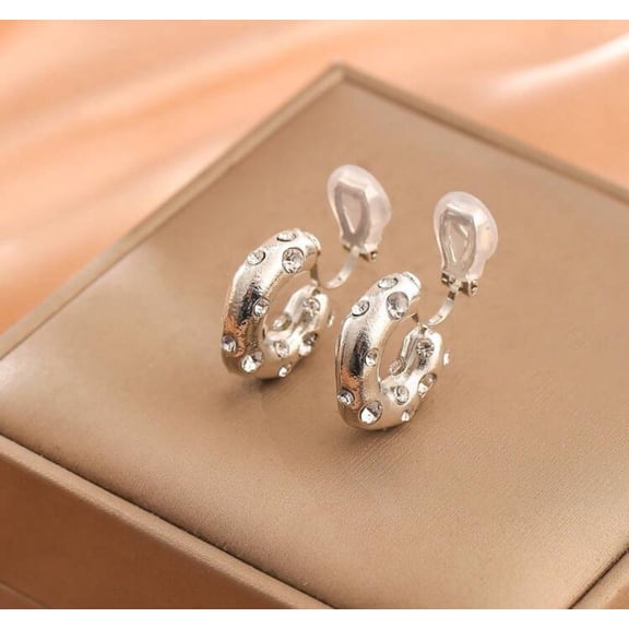 Clip on 3/4" small silver barrel style hoop earrings with clear stones