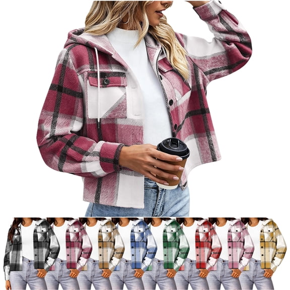 SYwaren Women's Hooded Plaid Jacket Cropped Oversized Long Sleeve Casual Fashion Irregular Plaid with Dual Pockets Top