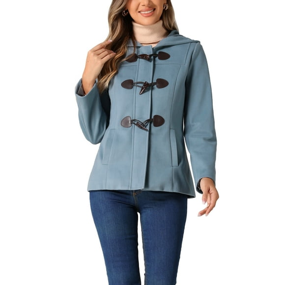 Allegra K Women's Toggle Duffle Coat Zipper Front Solid Cropped Hooded Anorak L Gray Blue
