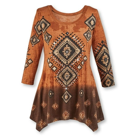 South Western Clothing Women's Diamond Aztec Sharkbite Tunic Top Southwestern Style, Three Quarter Sleeves, Brown Ombre, X-Large, Brown ()