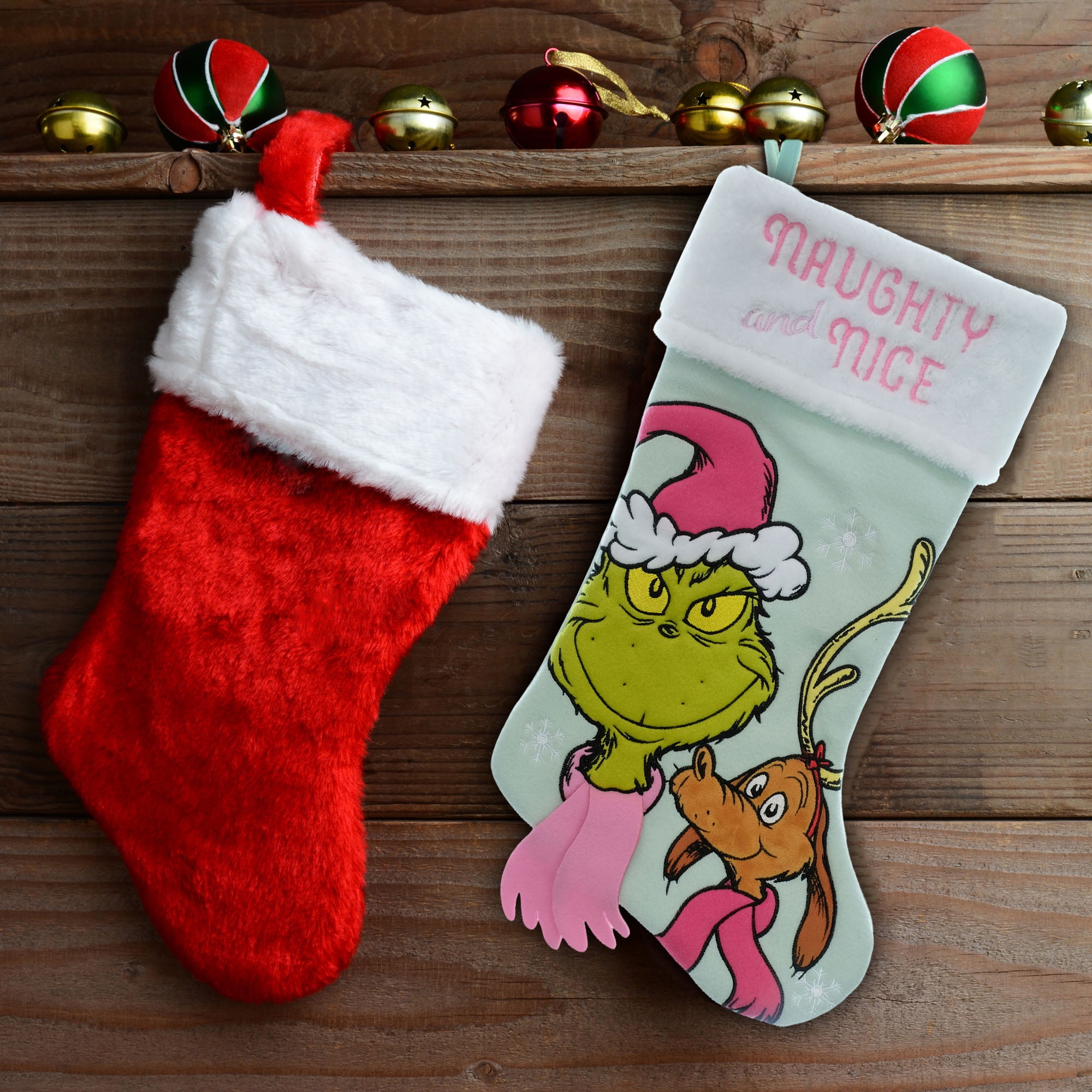 Dr. Seuss Grinch and Max 20 Inch Christmas Stocking with Pink Naughty and Nice Embroidery