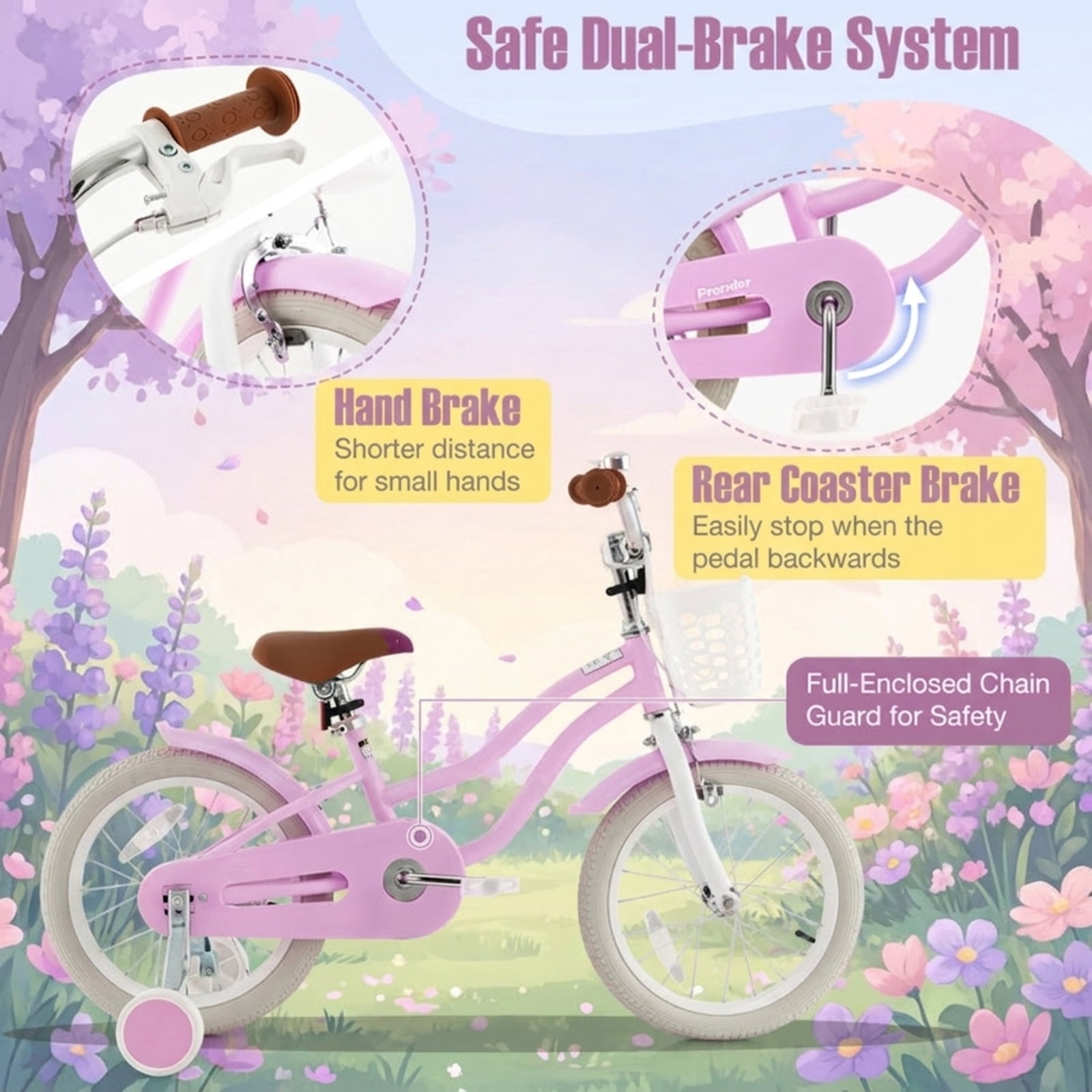 Redsmile 16 Inch Kids Bike for Boys Girls Ages 4-7, Youth Bicycle with Front Handbrake and 2 Removable Training Wheels, Adjustable Seat Carbon Steel Kids Bicycle, Purple