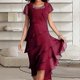 thumbnail image 4 of Women Elegant Dress O-Neck Beaded Decor Short Sleeve Midi Dress Layered Cake Hem Flowy Dress Party Wedding Guest Dress, 4 of 4