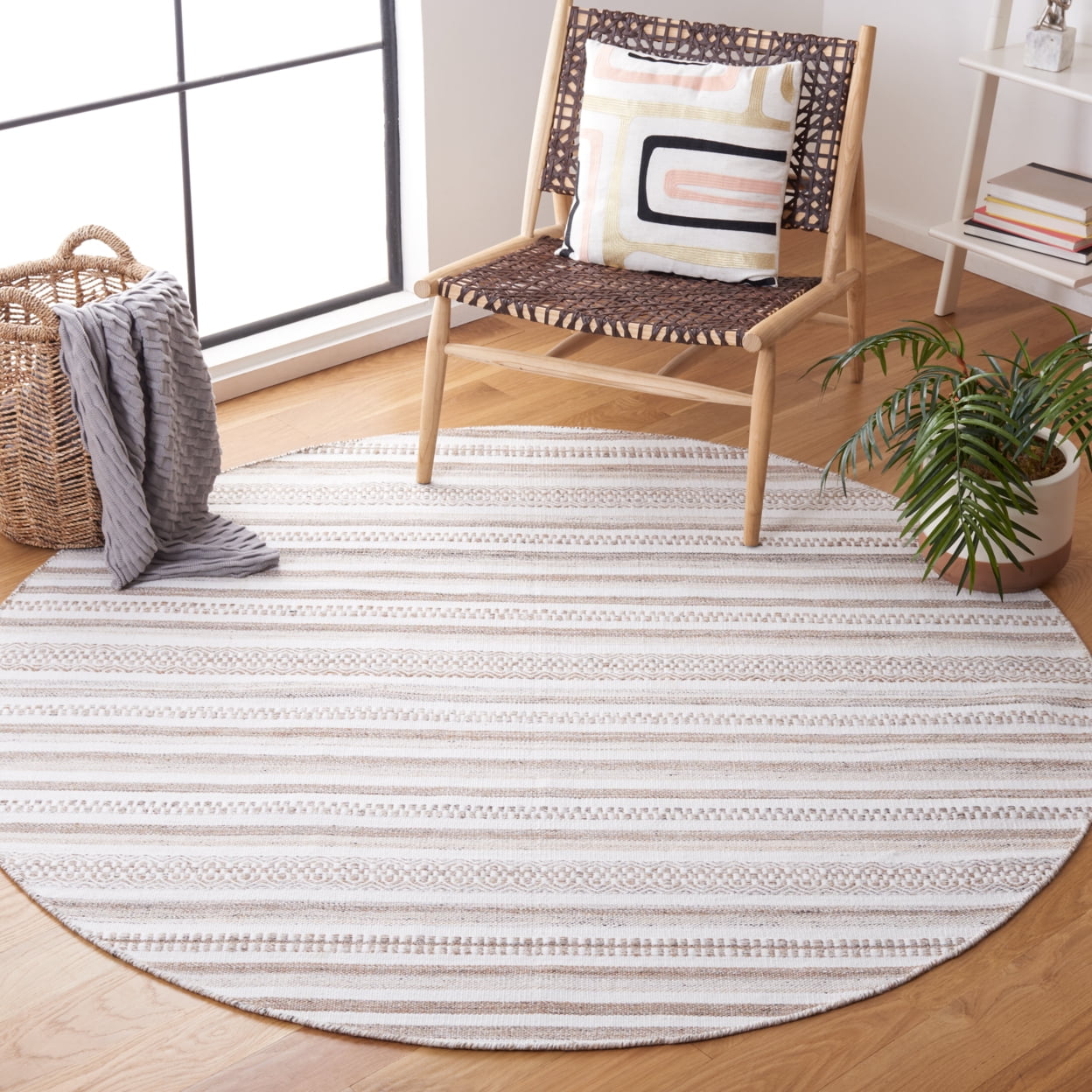 SAFAVIEH Kilim Mandy Striped Polyester Area Rug, Ivory/Light Brown, 6' x 6' Square