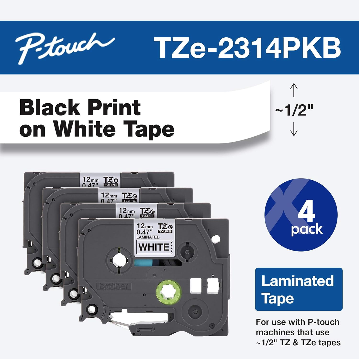Brother P-touch TZe-231 Laminated Label Maker Tape 1/2" x 26-2/10' Black on White 4/Pack