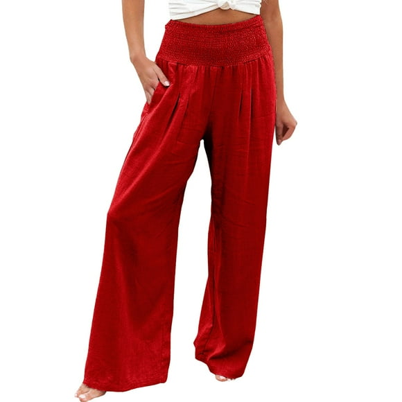Ladies Pants Casual Summer High Waisted Wide Leg Linen Pants Loose Beach Trendy Trouses with Pockets Track Pants for Women Watermelon Red S