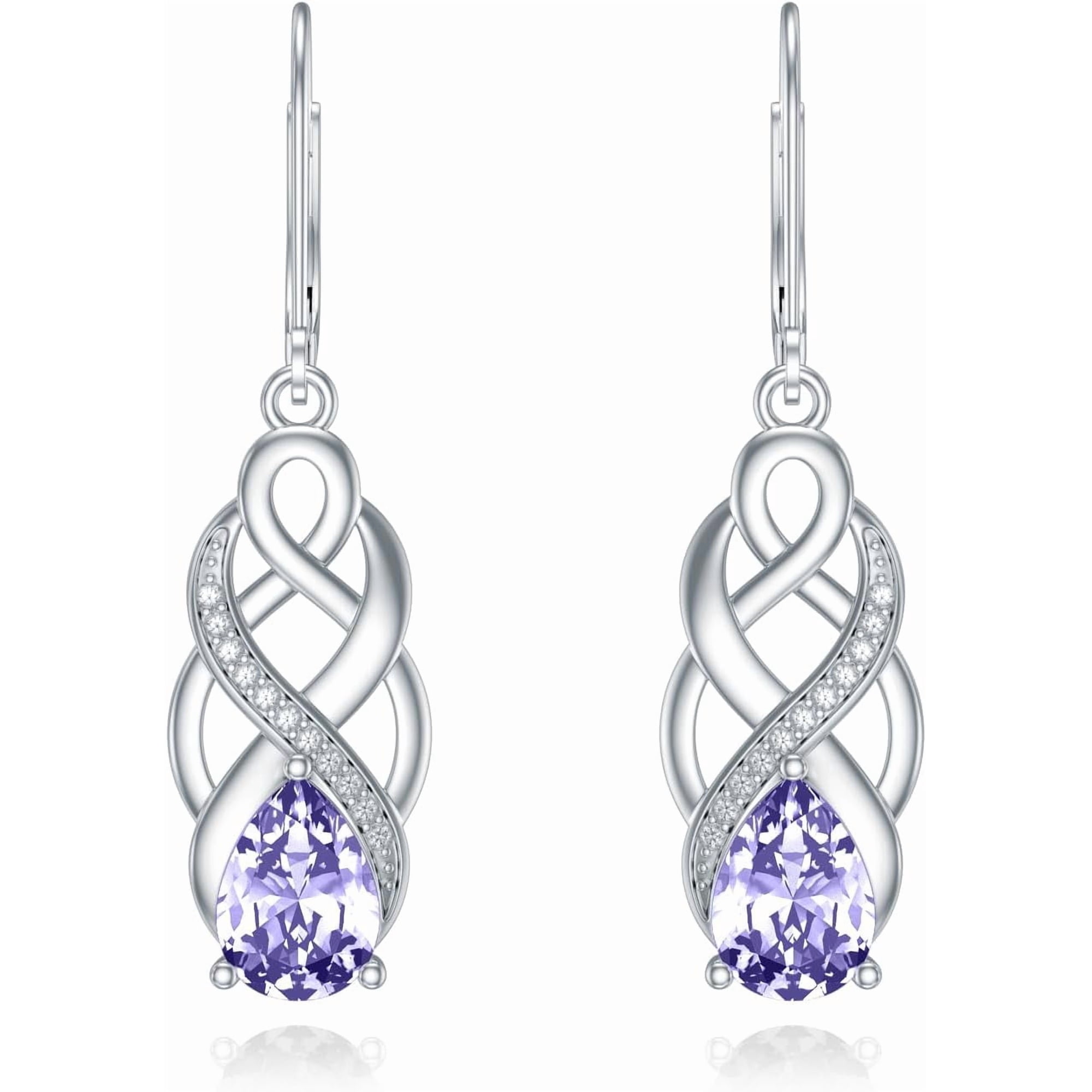 925 Sterling Silver Celtic Knot Good Luck Irish Dangle Drop Leverback Earrings with 12 Months Birthstone, Anniversary Jewelry Gifts for Women Her