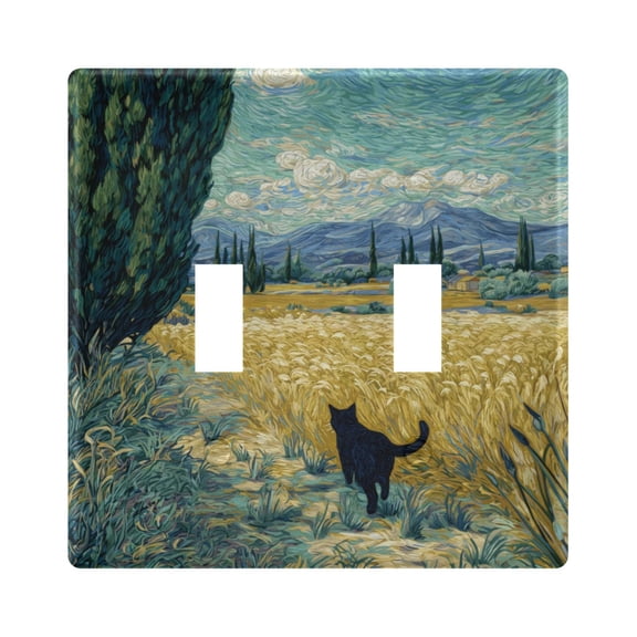 2-Hole Switch Plate Cover Faceplates Covers Smooth Rounded Corners Black Cat Walking Fields