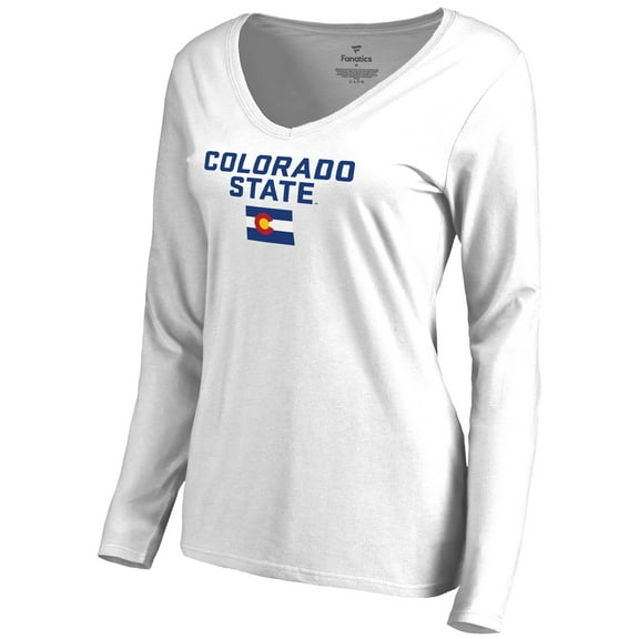 Womens White Colorado State Rams CSU State Flag Wordmark Long Sleeve V-Neck T-Shirt