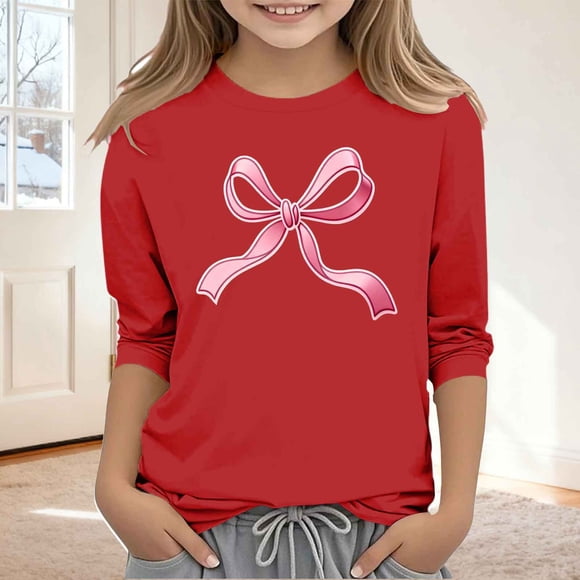Ounisa Plus Size 3/4 Sleeve Tops for Women Bow Graphic Crewneck Casual Cute Shirts Three Quarter Length Spring Blouses