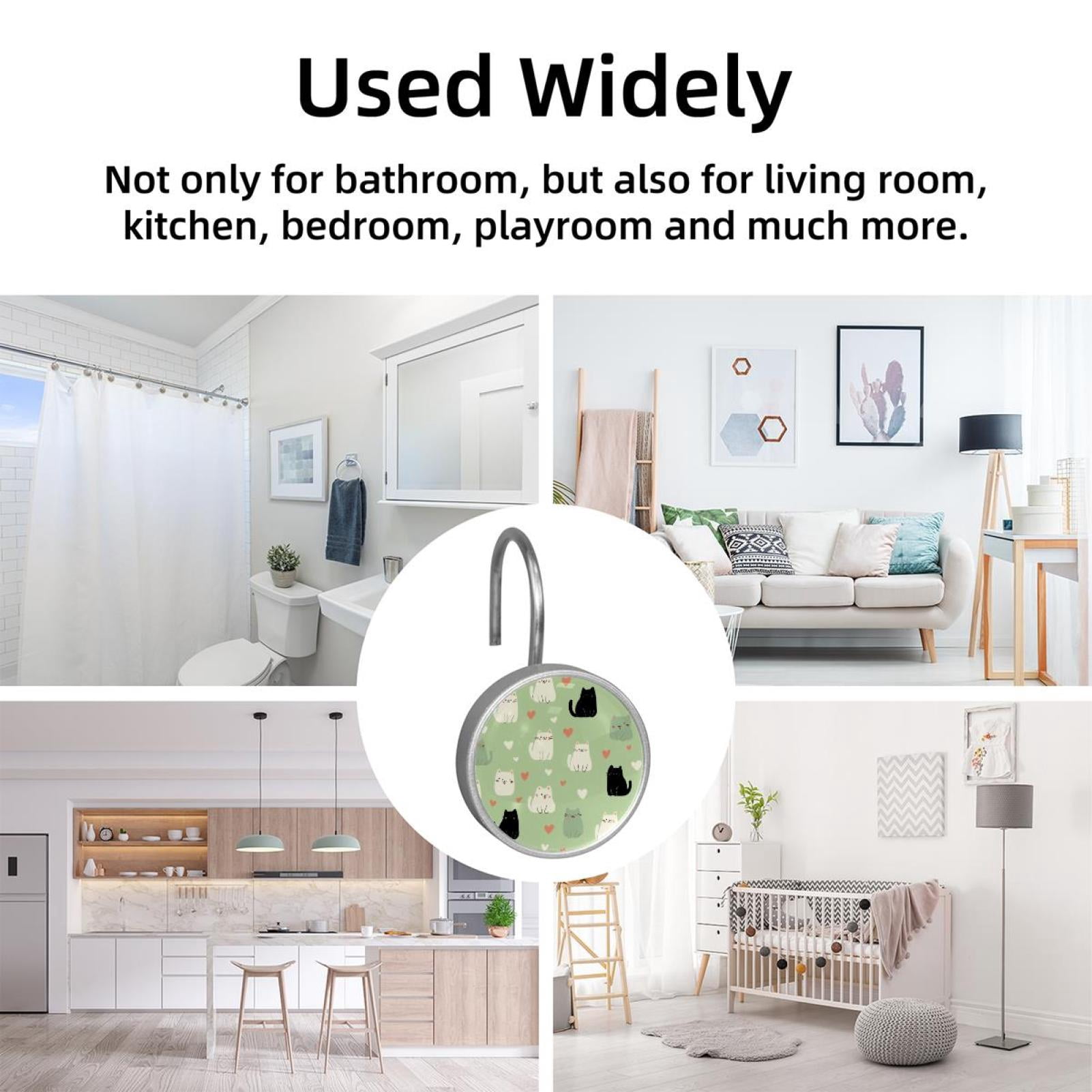 12pcs Decorative Shower Curtain Hooks, Rust Resistant Shower Rings for Bathroom Living Room,Rustproof Stainless Steel Rings for Shower Curtain and Liner Rods,Cats and Hearts Green