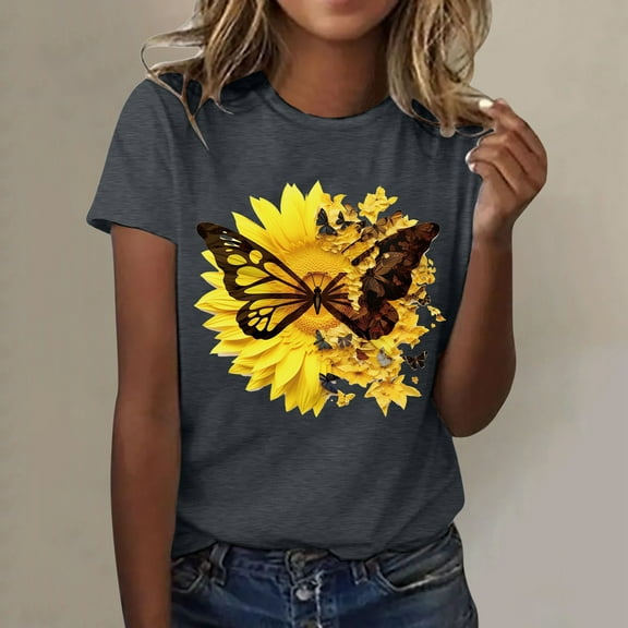 Womens Fashionable Sunflower Printed Short Sleeved Round Neck Sports Casual T Shirt Wide Stripe Shirt T Shirt Pack Womens Striped Tee Long Sleeve Spandex Shirt Womens Long Sleeve Tops Polyester T