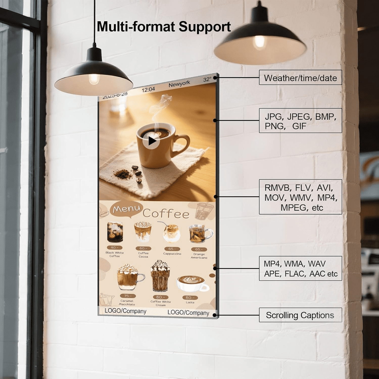 32 inch Digital Signage, 2500nits High Brightness Advertising Display, Slim Fit Frameless LCD Monitor, CMS Remote Publishing, 24/7 Operation, Smart Split Screen Play, HDMI/USB/WiFi/Android System