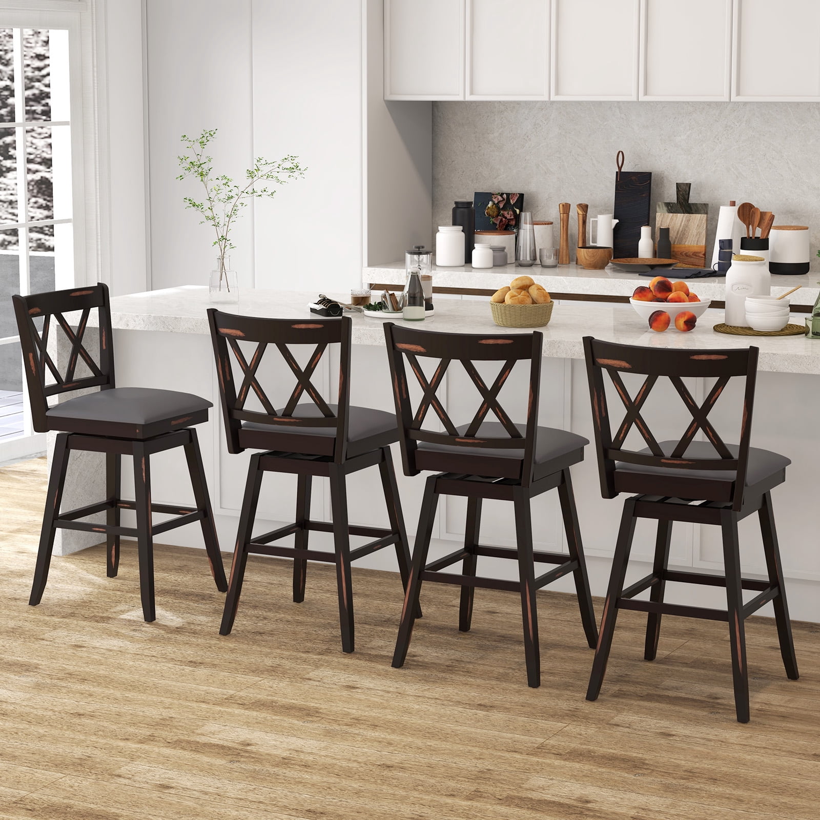 Costway 29" Bar Stools Set of 2 with Ergonomic Backrest Rubber Wood Legs Swivel Height Chairs Black, Gray