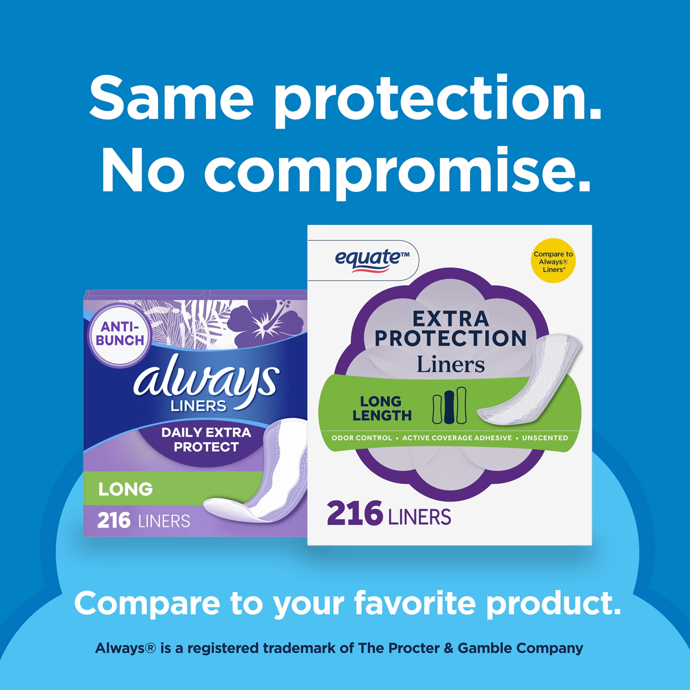 Equate Extra Protection Everyday Panty Liners, Long Length, Unscented, Compare to Always® (216 Total Count - 2 packs of 108 count each)