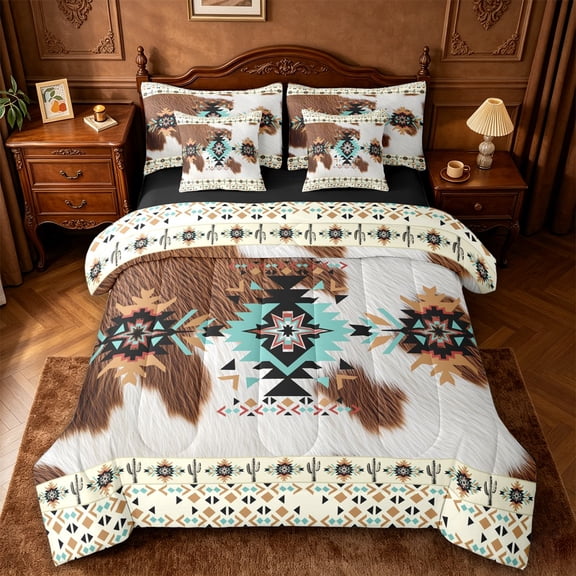 jejeloiu Western Cowhide 7 Pieces Full Size Bedding Sets,Southwestern Aztec Full Size Bed in a Bag For Boys,Multicolor,Black Reversible