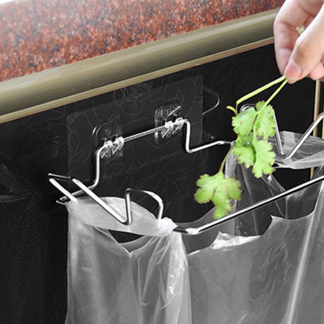SKISUNO 2Pcs Adjustable Trash Bag Holder Rack Silver Wall Mounted Kitchen Garbage Bag Stand
