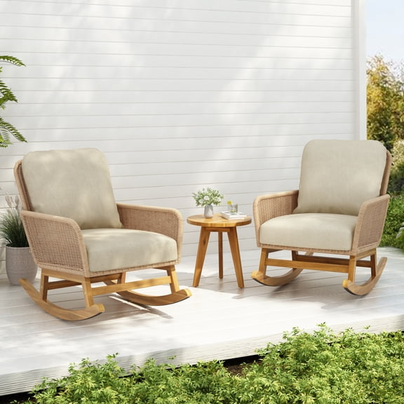 Gearwell Patio Seating Set, 3-Piece PE Rattan Rocking Chair Set with Beige Cushions and Wooden Accent Table, Outdoor Bistro Furniture for Balcony Porch Deck