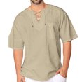 thumbnail image 3 of Hombres Camiseta con Cuello en V Correa Cruzada Manga Corta Color Puro Casual Top de Verano para Uso Diario Beige L, 3 of 8