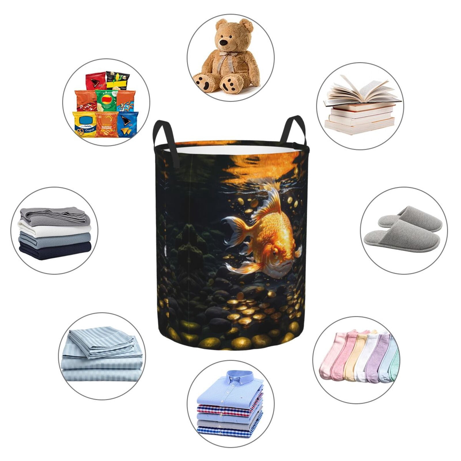 Large Laundry Basket with Handles - Golden Koi And Treasure Kids Baby Dirty Clothes Laundry Hamper for Bedroom Aesthetic