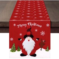 Waterclor Buffalo Plaid Christmas Table Runner - Red & Black Trees Reindeer Design, 13x70 Inch