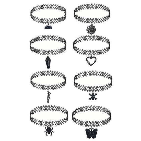 8Pcs Gothic Fish Line Tattoo Choker Necklaces Set, Black Stretch Fish Wire Chokers with Bat Spider Skull Cross Pendants 90s Vintage Neck Jewelry for Women Cosplay Costume Halloween Party Gifts
