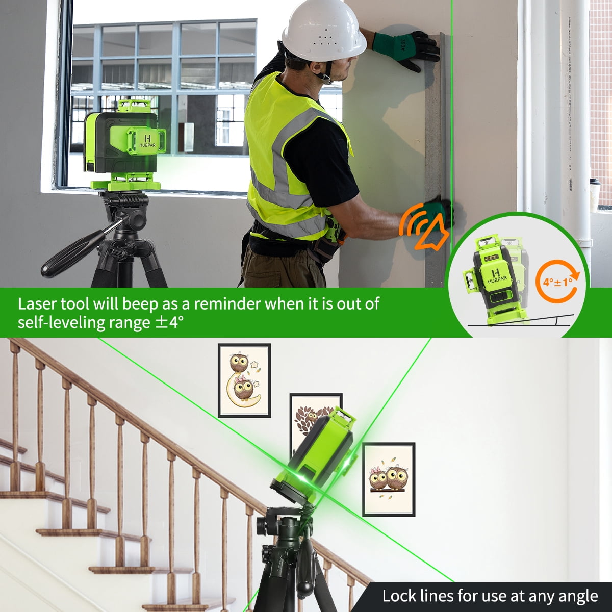 4D 16 Lines Self-leveling Laser Level, 200Ft Green Beam Tiling Floor Cross Line Laser Level Tools with Remote Control and 360° Fine-tuning Bracket