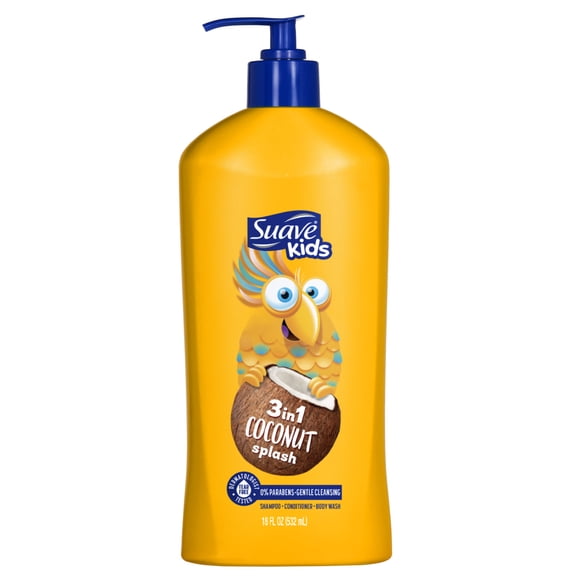 Suave Kids 3 in 1 Coconut Splash Shampoo, Conditioner & Body Wash, 18 FL OZ Pump