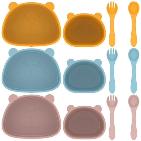 

Gpoty 4Pcs Soft Silicone Baby Feeding Set Baby Plate and Bowl Set with Suction Reusable Baby Tableware with Flexible Fork Spoon BPA-Free Baby Led Weaning Supplies Washable Safe Self Feeding Utensils