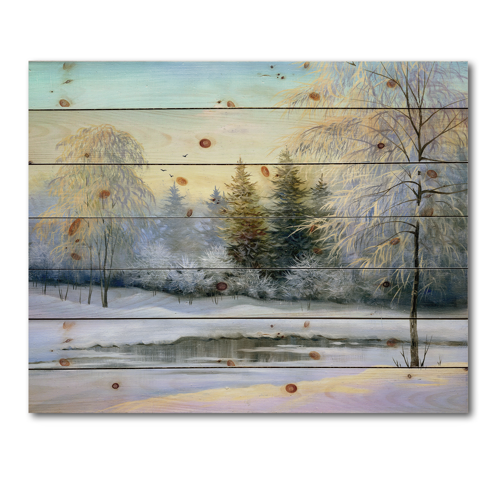 Designart 'Green Trees In Beautiful Winter Snow Landscape' Traditional Print on Natural Pine Wood
