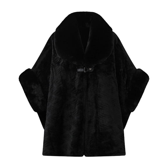 UTSJKR Women Large Faux Fur Collar Cape Coat Textured Fabric Buckle Fasten Loose Poncho Jacket for Winter Daily Look Black
