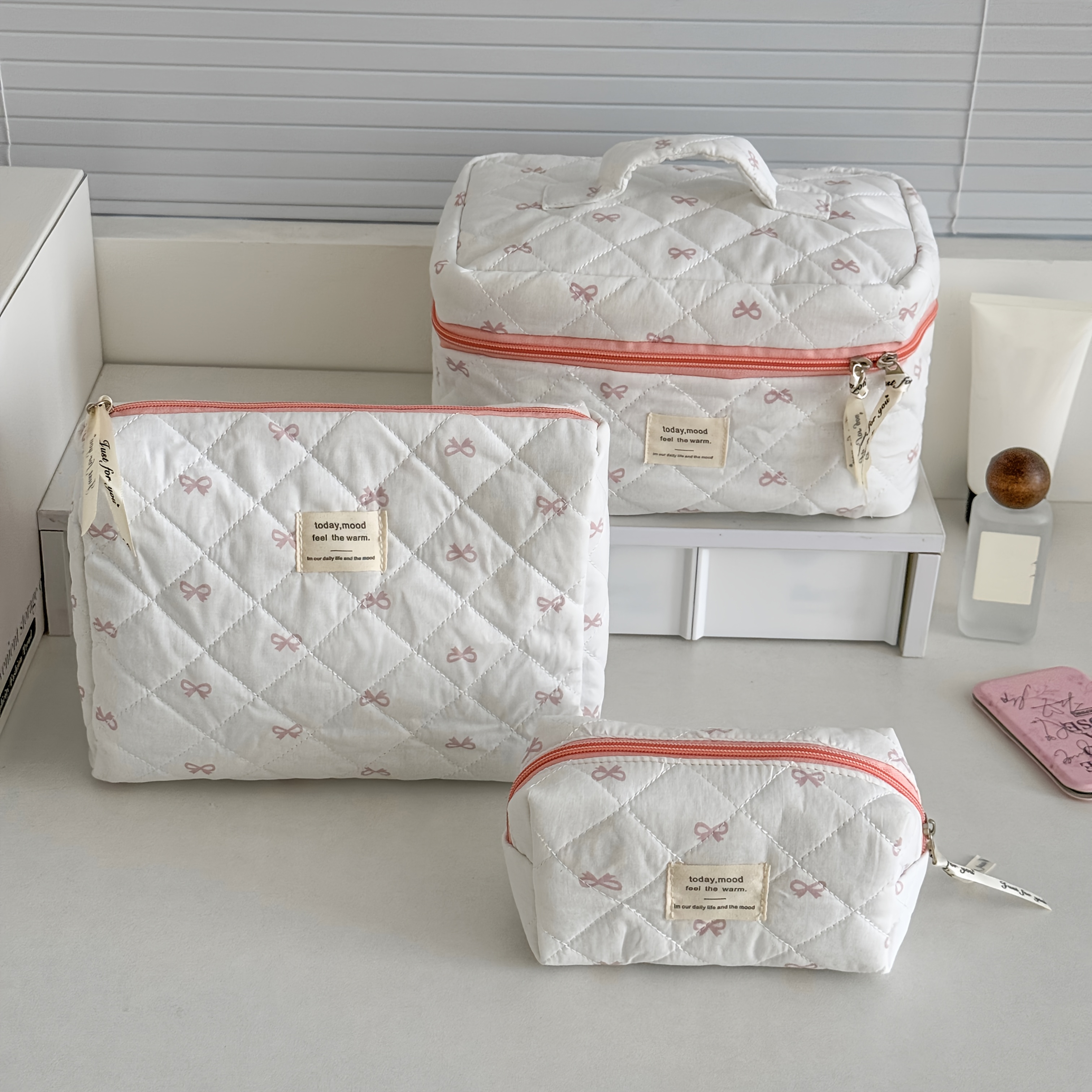 3pcs Set Pink Sweet Bow Makeup Bag Cosmetic Organizer Travel Toiletry Pouch with Large Capacity, Portable Minimalist Design for Daily Use or Trips, Makeup Travel Bag