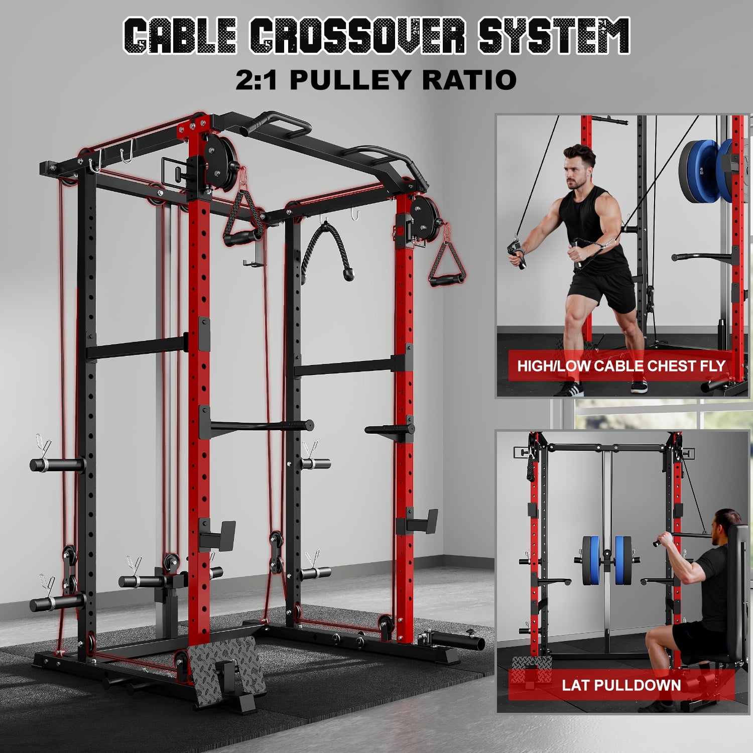MITONOS Power Cage, 2000LB Squat Rack with Cable Crossover System, Multi-Function Weight Cage, Home Gym Workout Machine with More Training Attachments, RD