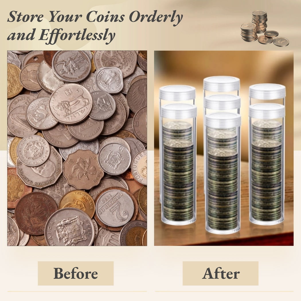 30 PCS Coin Storage Tubes, Quarter Tubes Clear Coin Tube, Plastic Coin Holders Coin Container with Screw Lids, Containers for Coins Collection Supplies