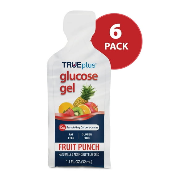 TRUEplus Glucose Gel Pouch, 15g Fast-Acting Carbohydrates, Fruit Punch Flavor, 6 Pack