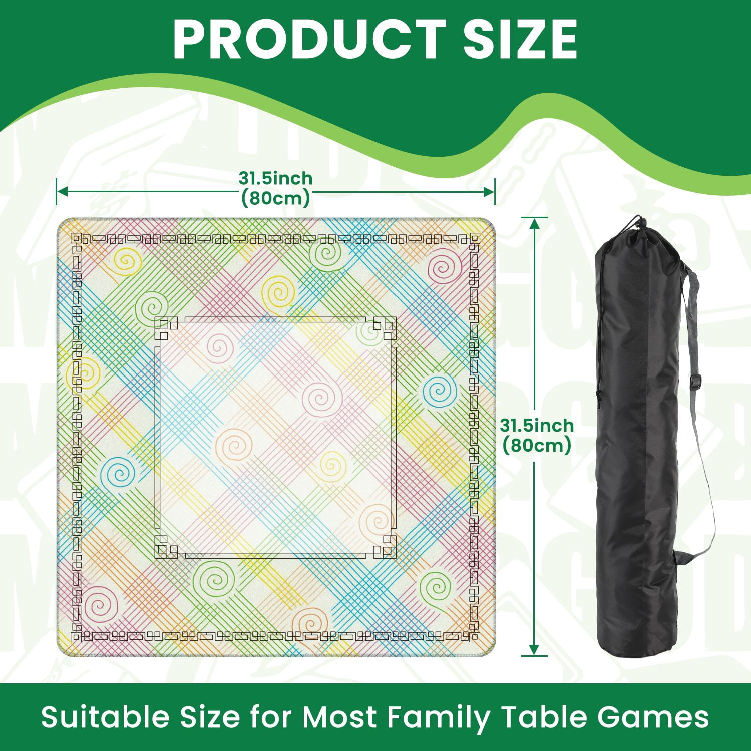 Mahjong Mat 31.5" x 31.5" Colorful Swirling Spiral Grid Pastel Shades Non-Slip Noise Reduction American Mahjong Tiles Table Cover for Dominoes Poker Card Board Games Gift