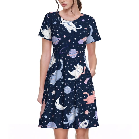 Space Cat Dresses Short Sleeve Nightdresses for Women