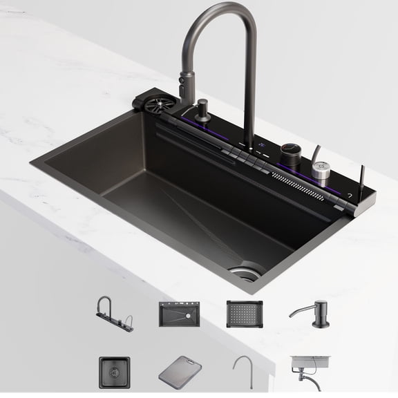 29.5 x18.1 Inch Smart Digital Display Kitchen Sink Embossed Large Single Groove 304 Stainless Steel Nano Black Raindance Waterfall Sink