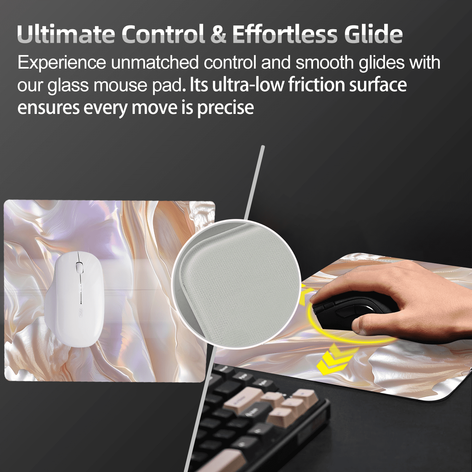 Devineresse Glass Mousepad for Gaming, Pearlescent White Hard Mouse Pad, Ultra-Smooth Surface for Enhanced Speed&Control, Durable&Easy to Clean, Includes Anti-Wear&Cleaning Accessories, 35cm*26cm