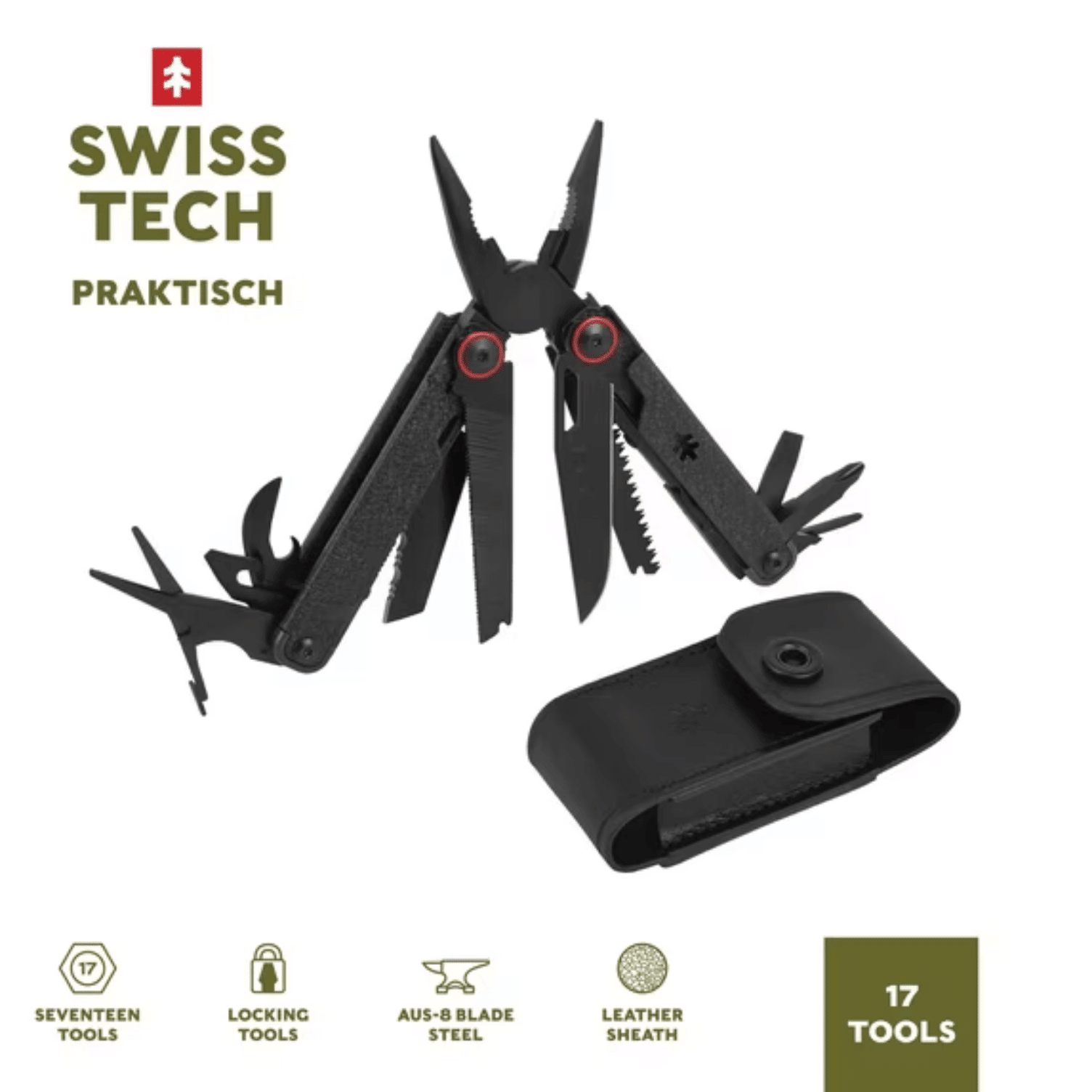 Swiss Tech Praktisch AUS-8 17-in-1 Folding Multi Tool with Leather Sheath, Black