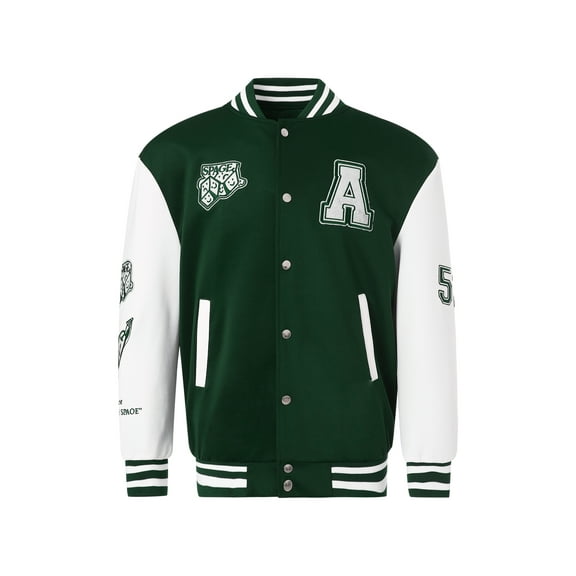 Matching Baseball Jackets for Couples, Embroidery Stand Neck Long Sleeves Snaps Varsity Bomber Jacket, Blue/Green/Black