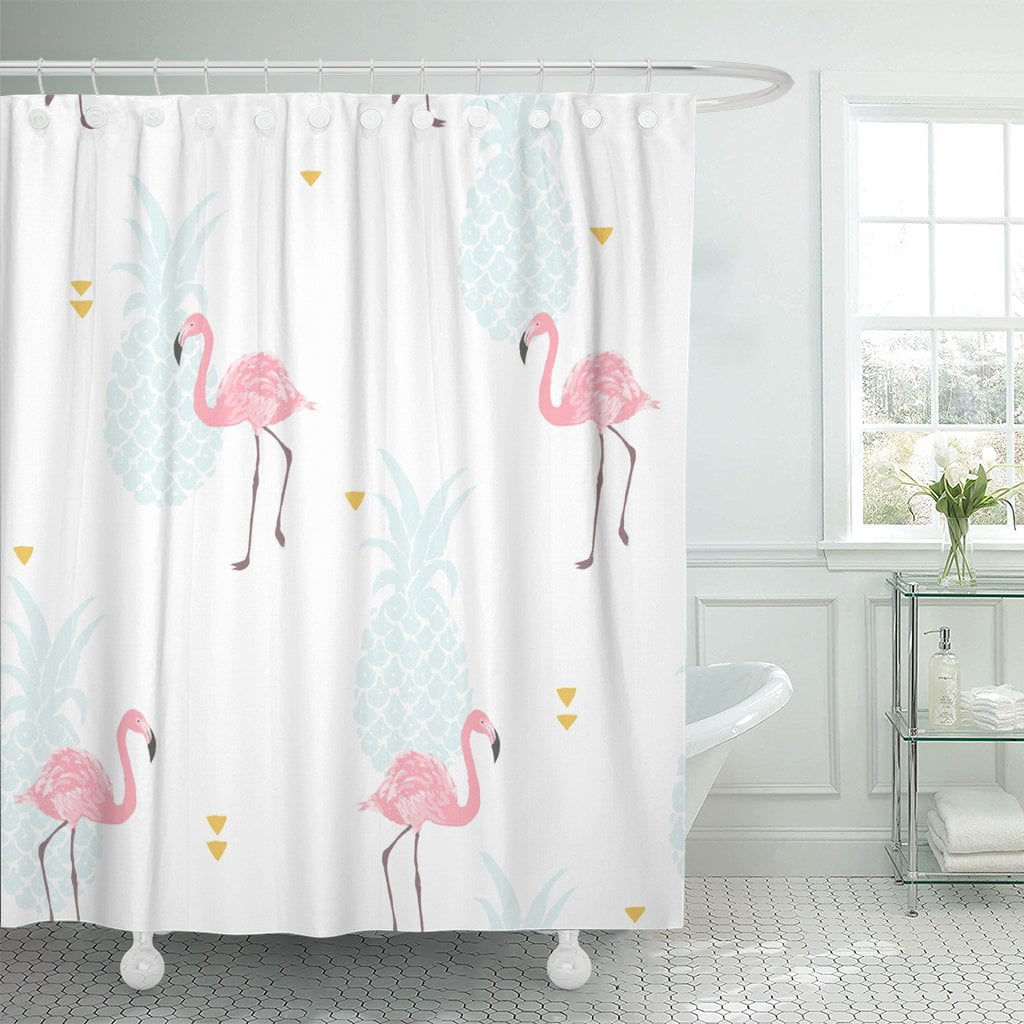 Tropical Flowers Palm Leaves Pink Flamingo Polyester Fabric Shower Curtain Liner